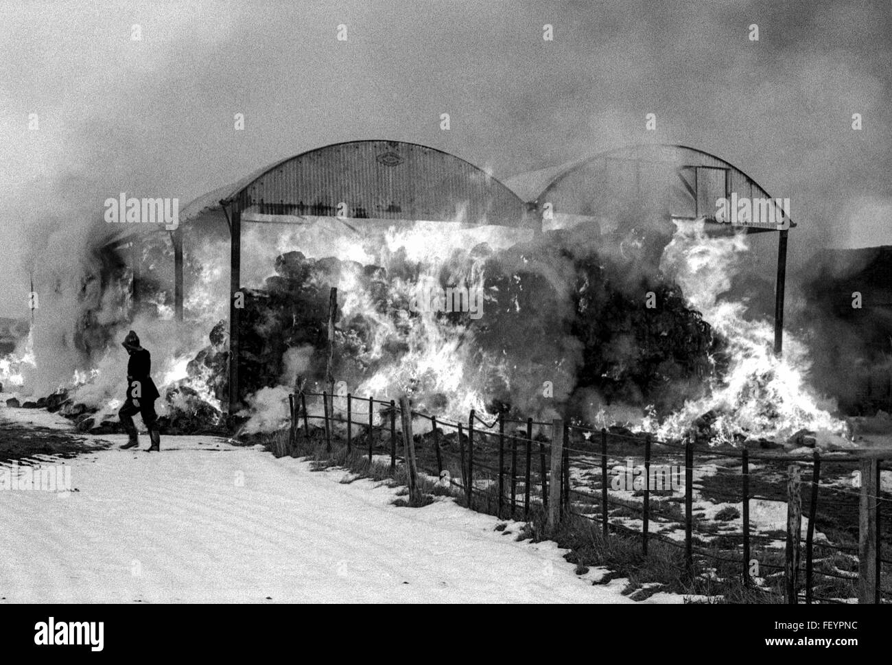 Upton barn fire, Shifnal, Shropshire, March 1965. Stock Photo