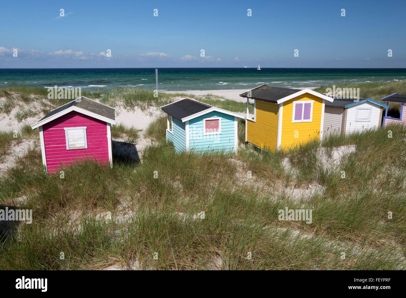 Colourful beach huts in sand dunes, Skanör Falsterbo, Falsterbo ...