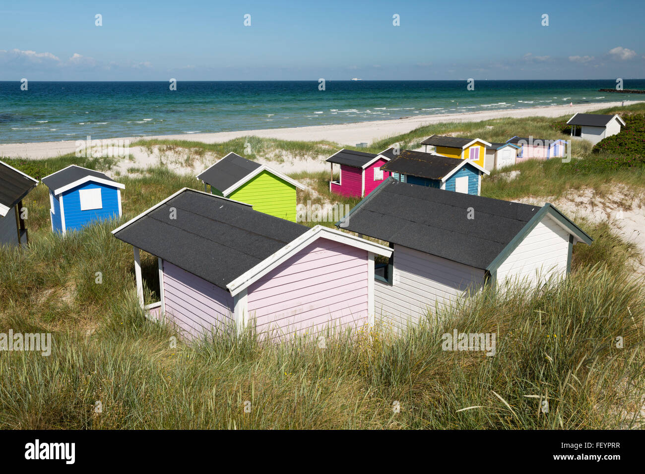 Colourful beach huts in sand dunes, Skanör Falsterbo, Falsterbo Peninsula, Skåne, South Sweden, Sweden, Scandinavia, Europe Stock Photo