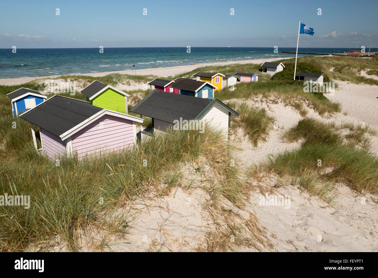 Colourful beach huts in sand dunes, Skanör Falsterbo, Falsterbo ...