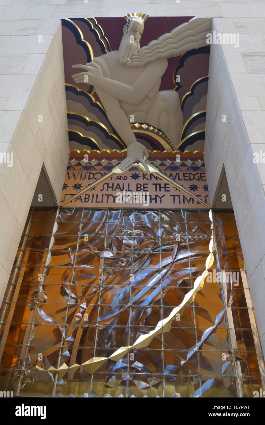 Detail of entrance to Rockefeller Centre  - 30 Rockefeller Plaza -  verse from Isaiah 33:3, Manhattan, New York City,  USA Stock Photo