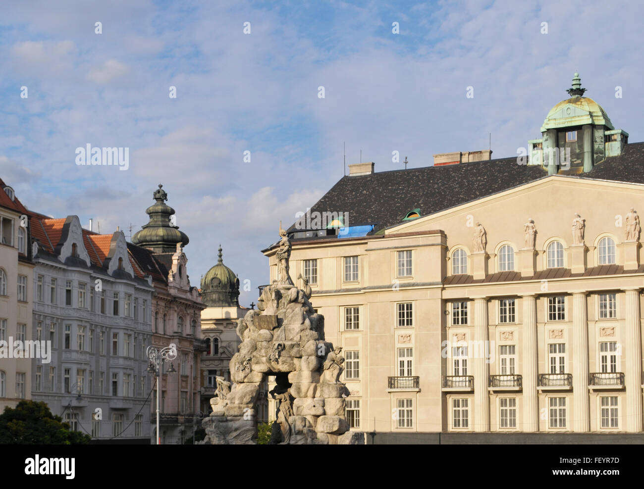 Parnassus fountain and Grandezza hotel at Zelny square in central Brno Czech Republic Stock Photo