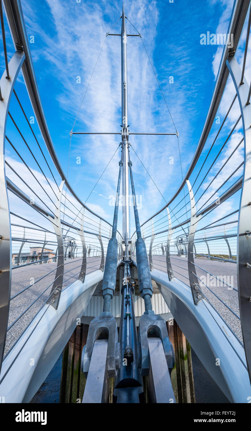 Pont y Ddraig or the Red Dragon bridge is the iconic bascule bridge at Rhyl Harbour opened in autumn 2013. Stock Photo