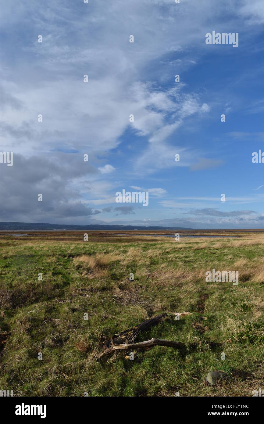 View from Parkgate on the Wirral Peninsular looking across the Dee Estuary towards North Wales. Stock Photo
