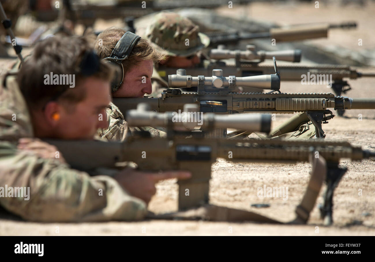 U.S. Army Alpha Company, 3rd Battalion, 15th Infantry Regiment, scout snipers fire M110 sniper rifles Oct. 14, 2015, at Arta, Djibouti. ACO, assigned to Combined Joint Task Force-Horn of Africa, is the East Africa Response Force, the quick response force for all of the countries within the HOA. Stock Photo