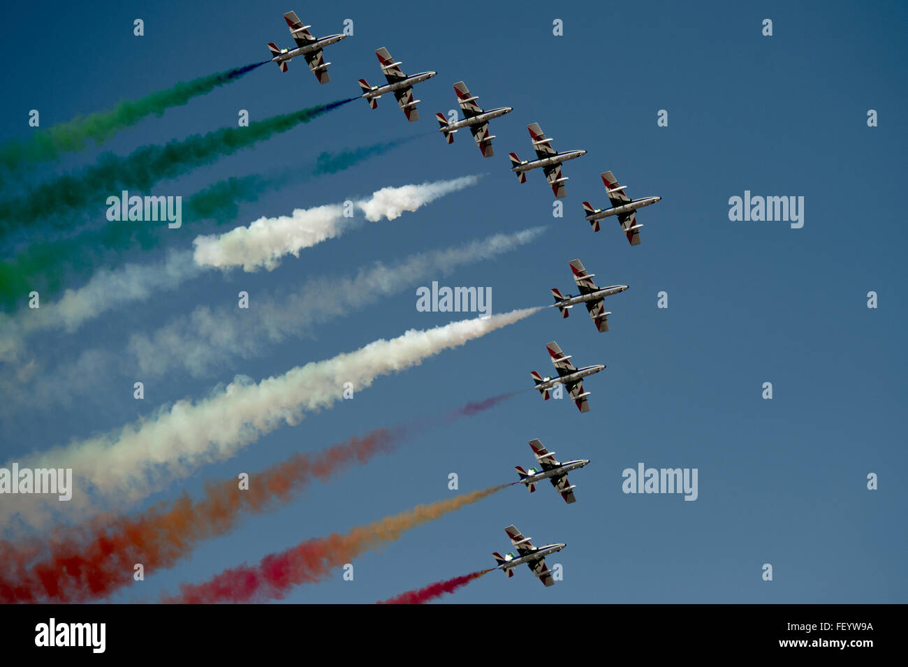 The Frecce Tricolori, the Italian Aeronatica Militare's aerobatic demonstration team, performs Nov. 10, 2015 at the 2015 Dubai Air Show, United Arab Emirates. The air show is a biennial event and is recognized as the premier aviation and air industry event in the Gulf and Middle East region and is one of the largest air shows in the world. ( Tech. Sgt. Nathan Lipscomb) Stock Photo