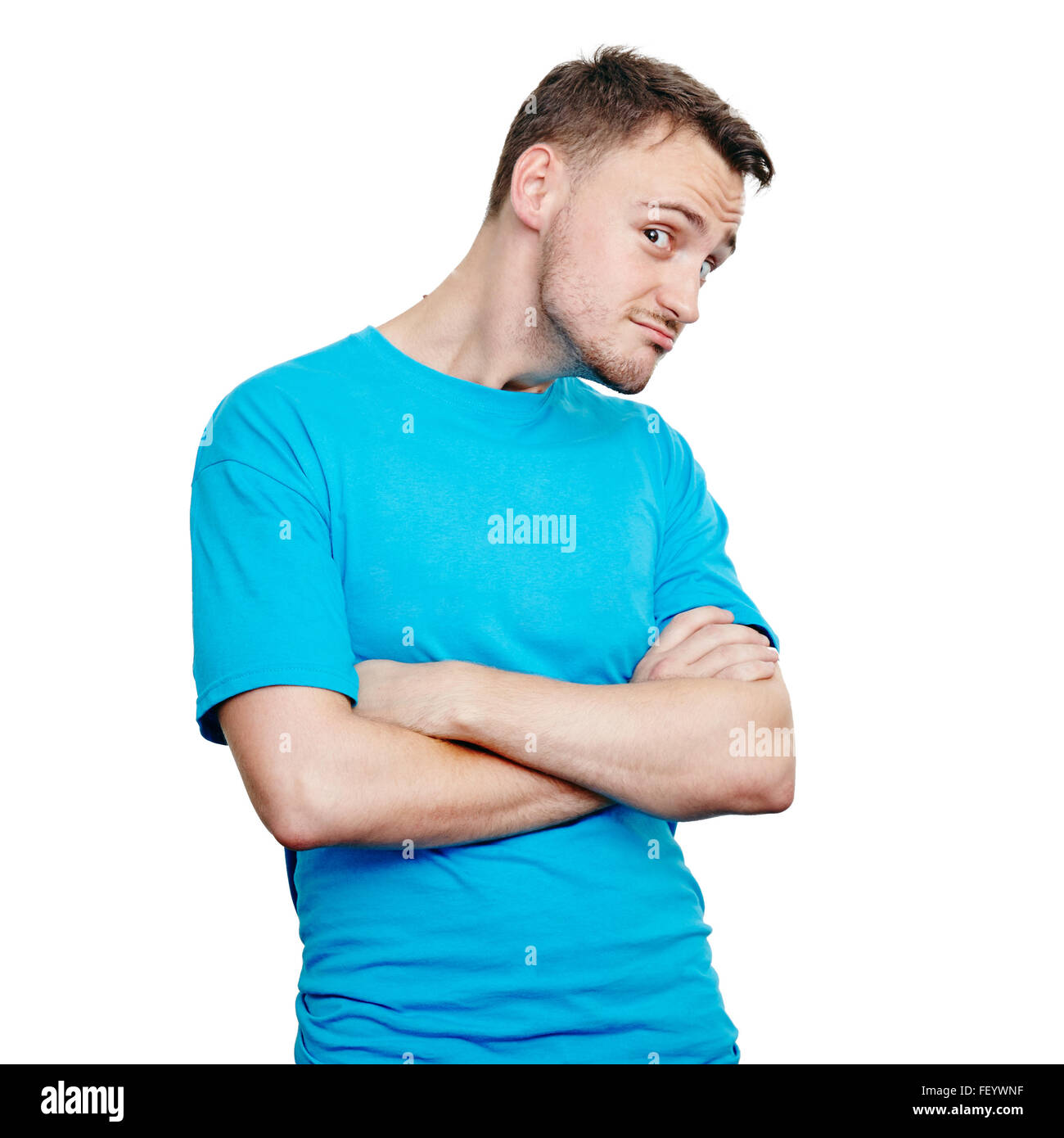 Weird young man in blue t-shirt Stock Photo