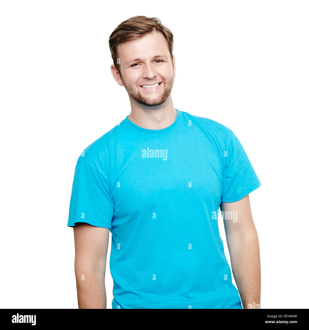 Smiling young man standing. Blue t-shirt design concept Stock Photo
