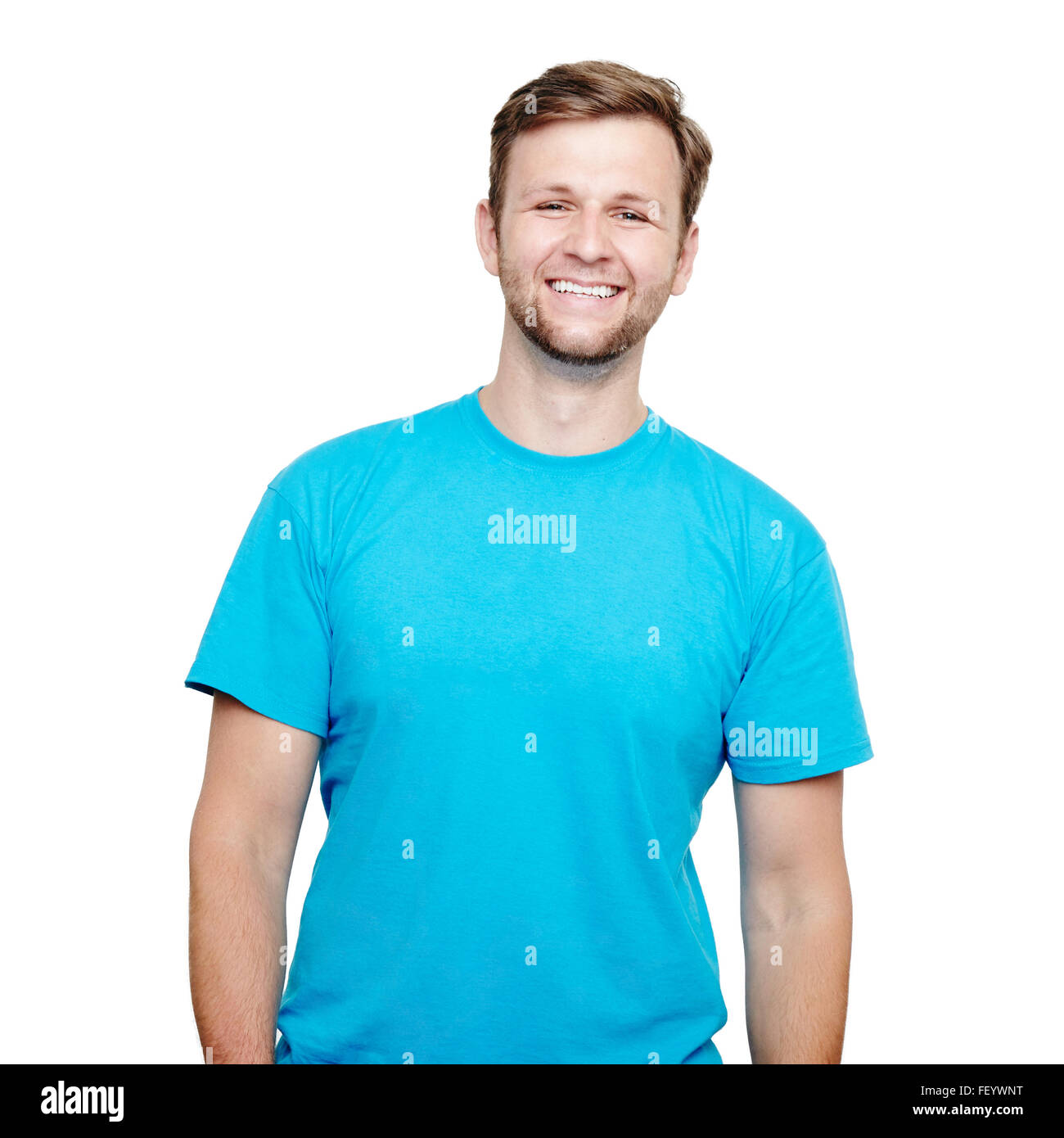 Smiling young man standing. Blue t-shirt design concept Stock Photo