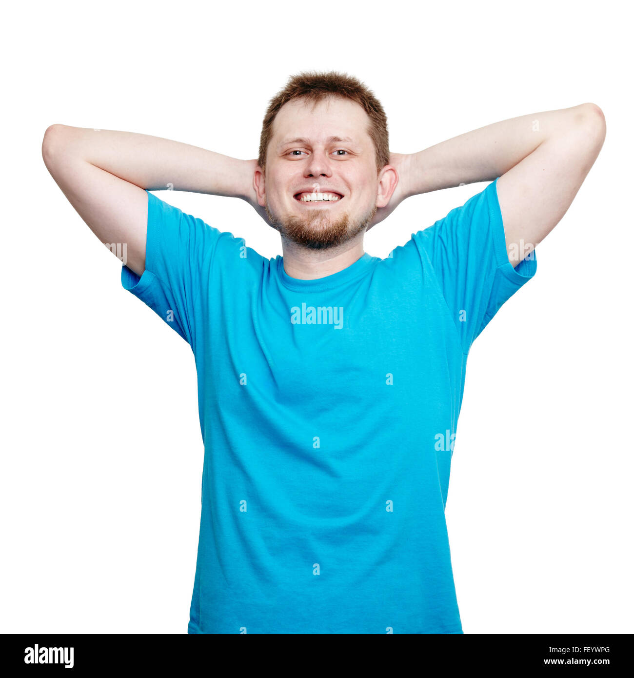 Smiling young man in blank blue t-shirt Stock Photo