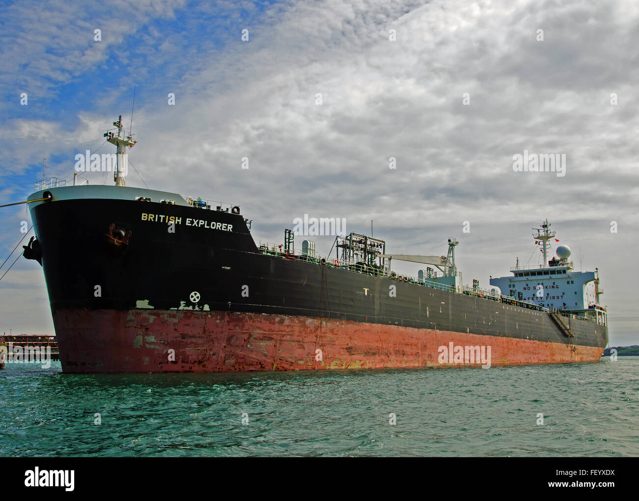 Huge crude oil tanker 'M/V British Explorer' moored at Whitegate Oil Terminal, Cork Harbour, Cobh, Port of Cork, Ireland. Stock Photo