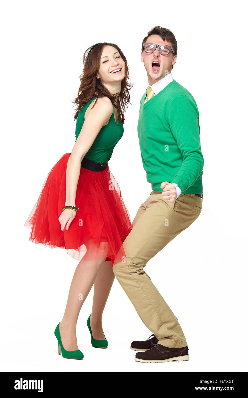 Dancing couple wearing bright clothes Stock Photo