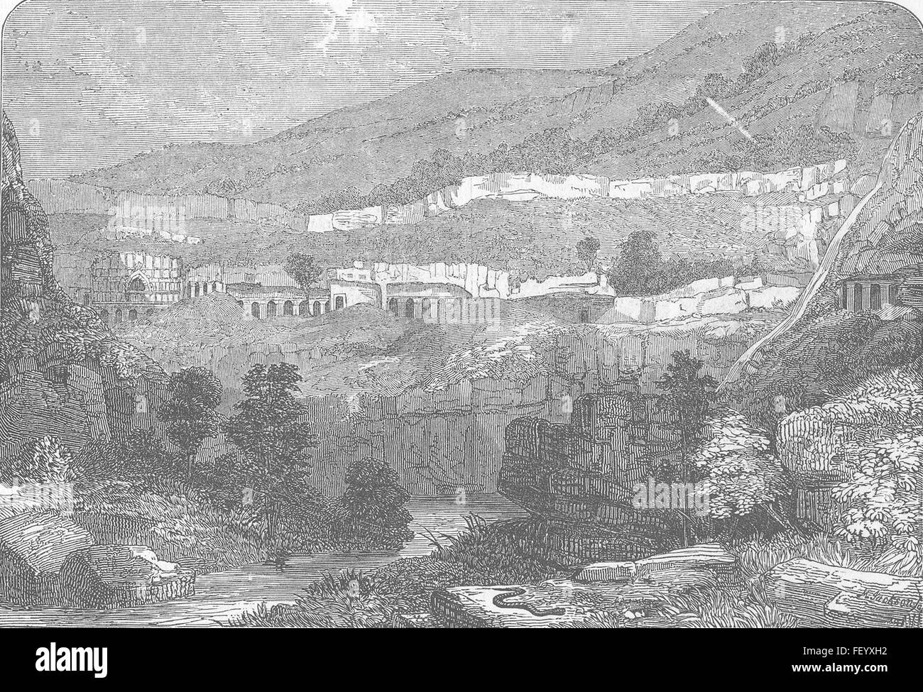 INDIA General View of the Ajanta Caves 1849. Illustrated London News Stock Photo