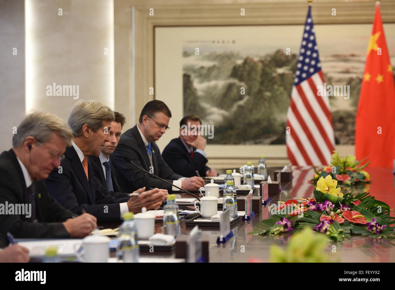 Secretary Kerry Addresses Chinese Foreign Minister Wang Yi at the Ministry of Foreign Affairs Stock Photo