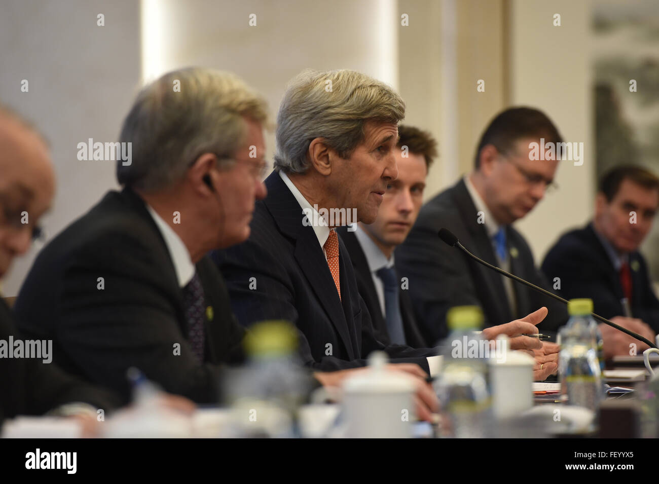 Secretary Kerry Addresses Chinese Foreign Minister Wang Yi at the Ministry of Foreign Affairs Stock Photo