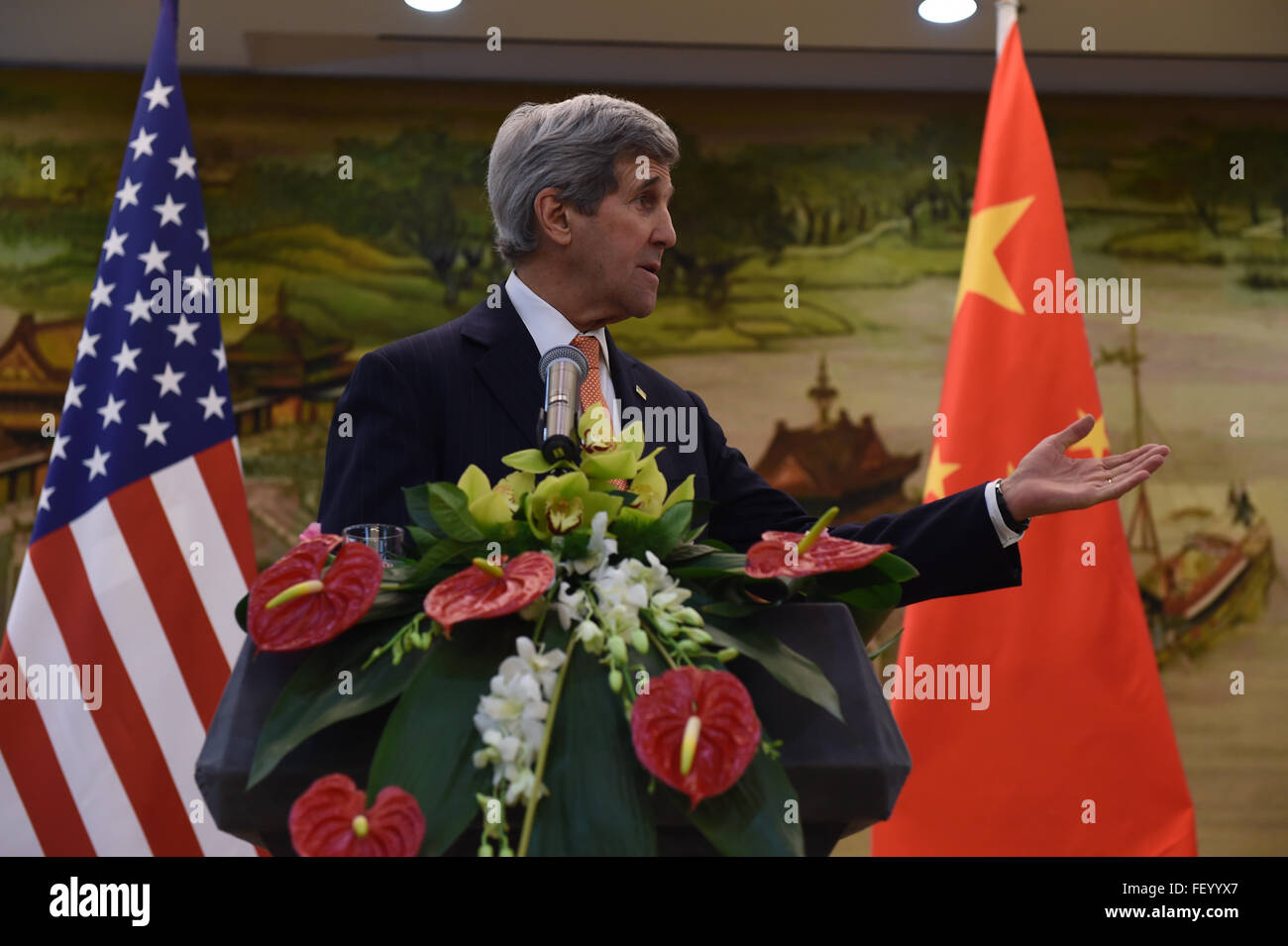 Secretary Kerry Addresses Reporters at the Ministry of Foreign Affairs Stock Photo