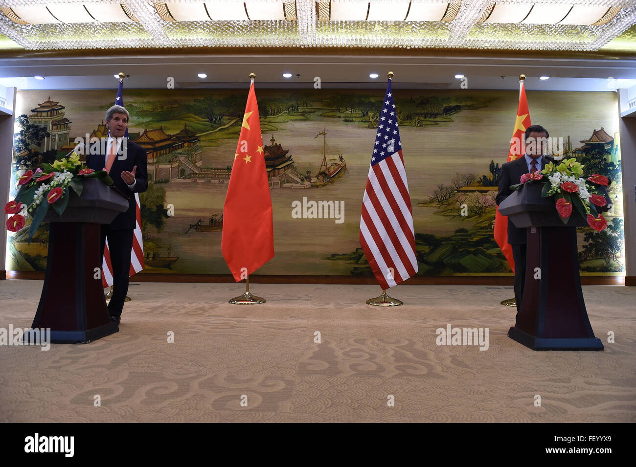 Secretary Kerry Addresses Reporters With Chinese Foreign Minister Wang at the Ministry of Foreign Affairs Stock Photo
