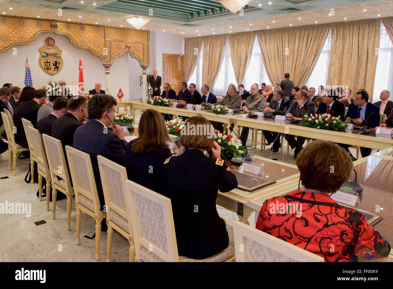 Secretary Kerry Sits with Foreign Minister Baccouche and their Delegations at the Ministry of Foreign Affairs in Tunis Stock Photo