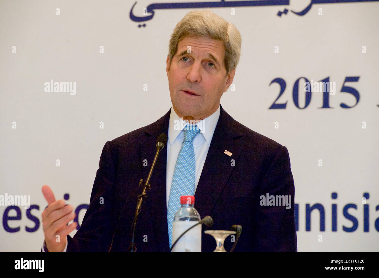 Secretary Kerry Speaks at a News Conference at the Ministry of Foreign Affairs in Tunis Stock Photo