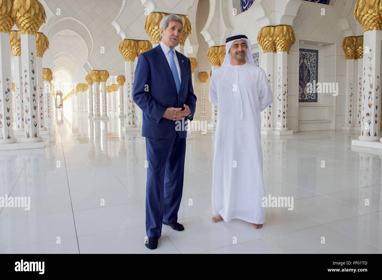 Secretary Kerry With United Arab Emirates Foreign Minister Abdullah bin Zayed, Addresses Reporters After Touring the Sheikh Zayed Grand Mosque Stock Photo