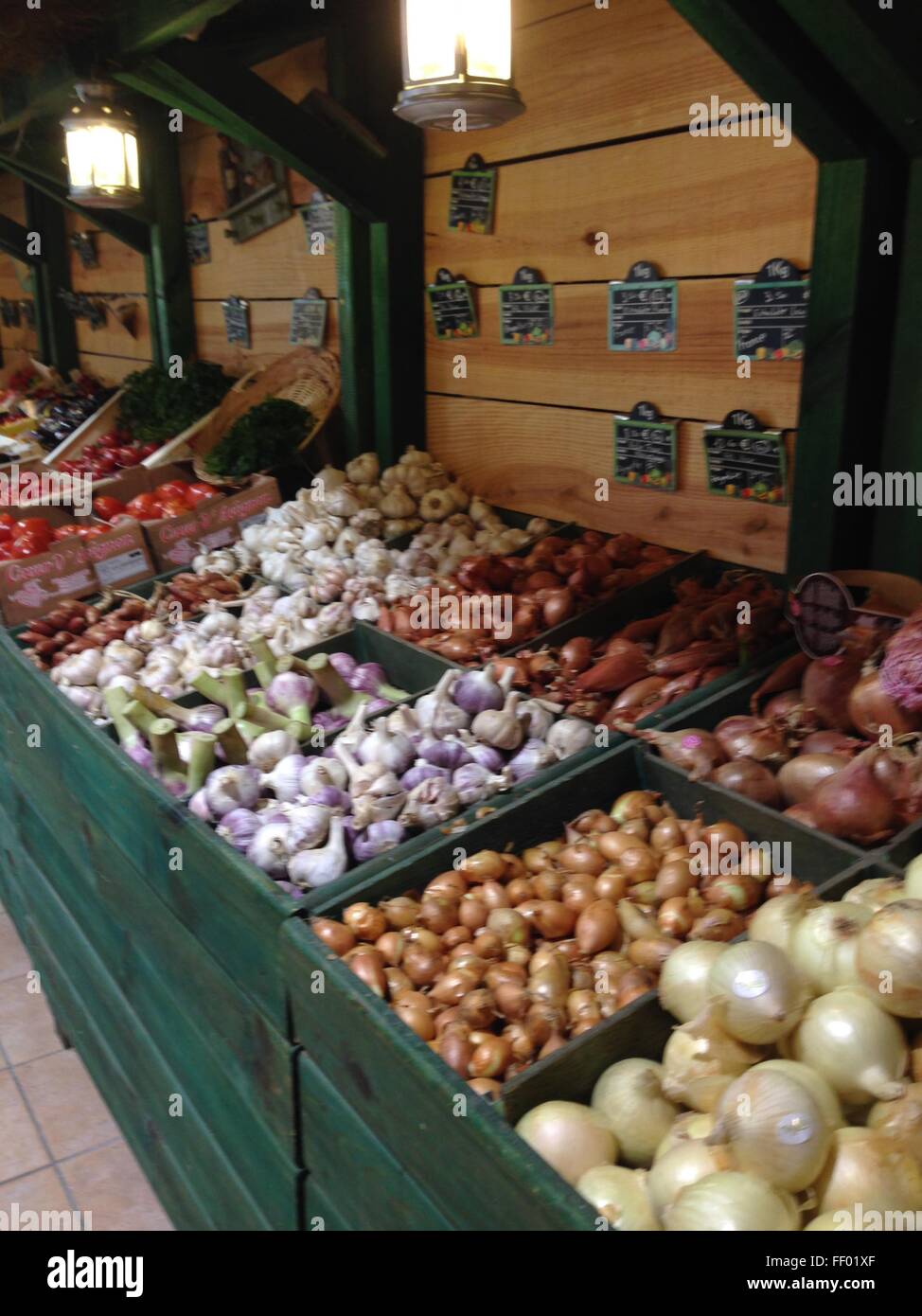 Amazing onion display in a country shop Stock Photo