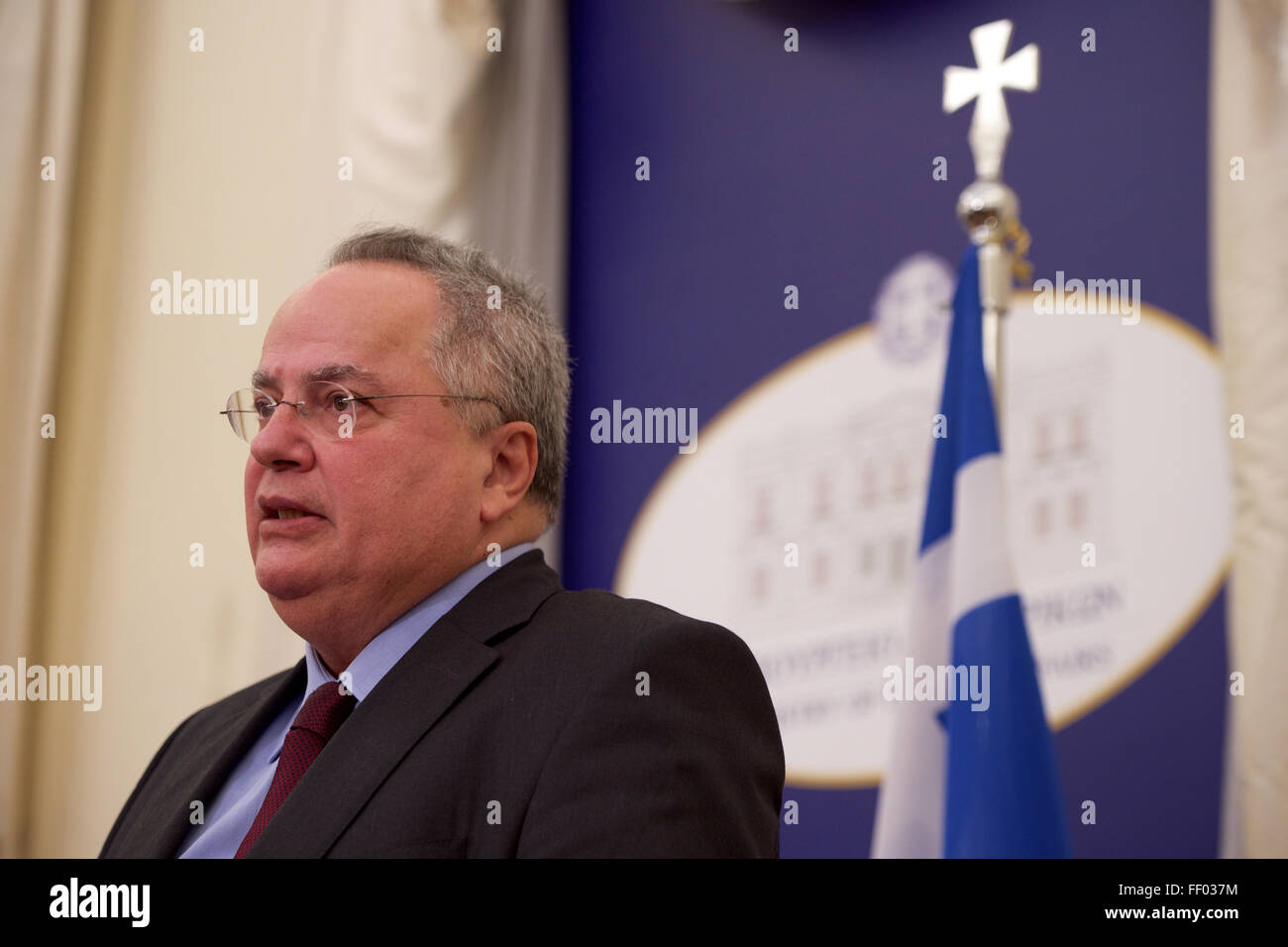 Greek Foreign Minister Kotzias Speaks to Press at Greek Ministry of Foreign Affairs in Athens Stock Photo