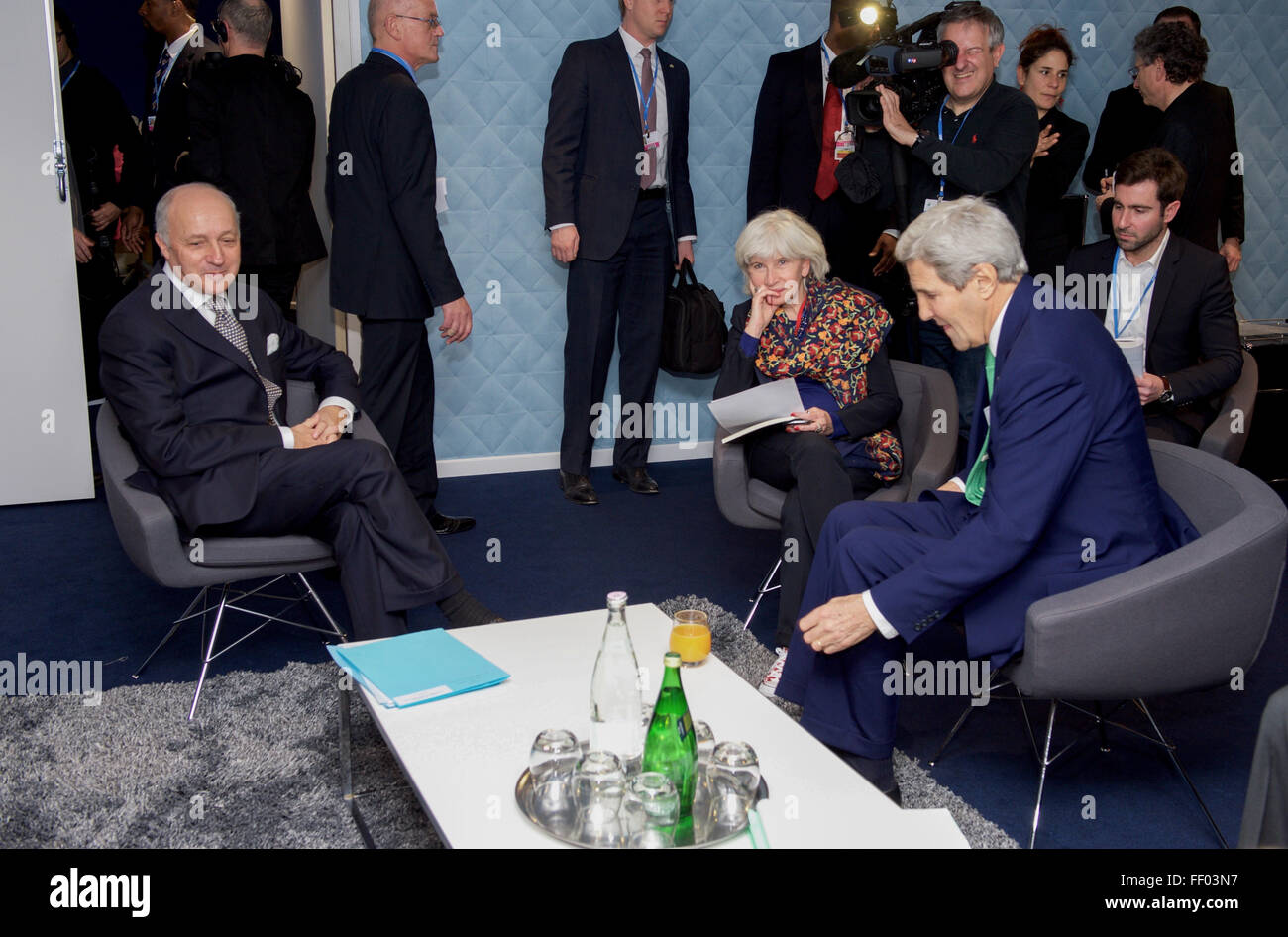 Secretary Kerry Meets with French Foreign Minister Fabius and Climate Change Advisor Tubiana Stock Photo