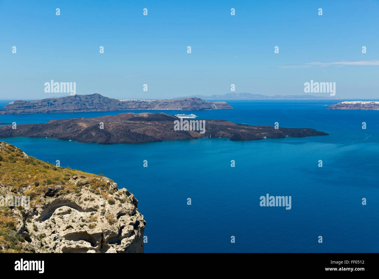 Greece, Santorini, sea, Bay and island views of the volcano Stock Photo