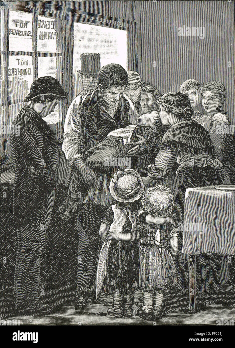 Sick child surrounded by family Victorian London Stock Photo