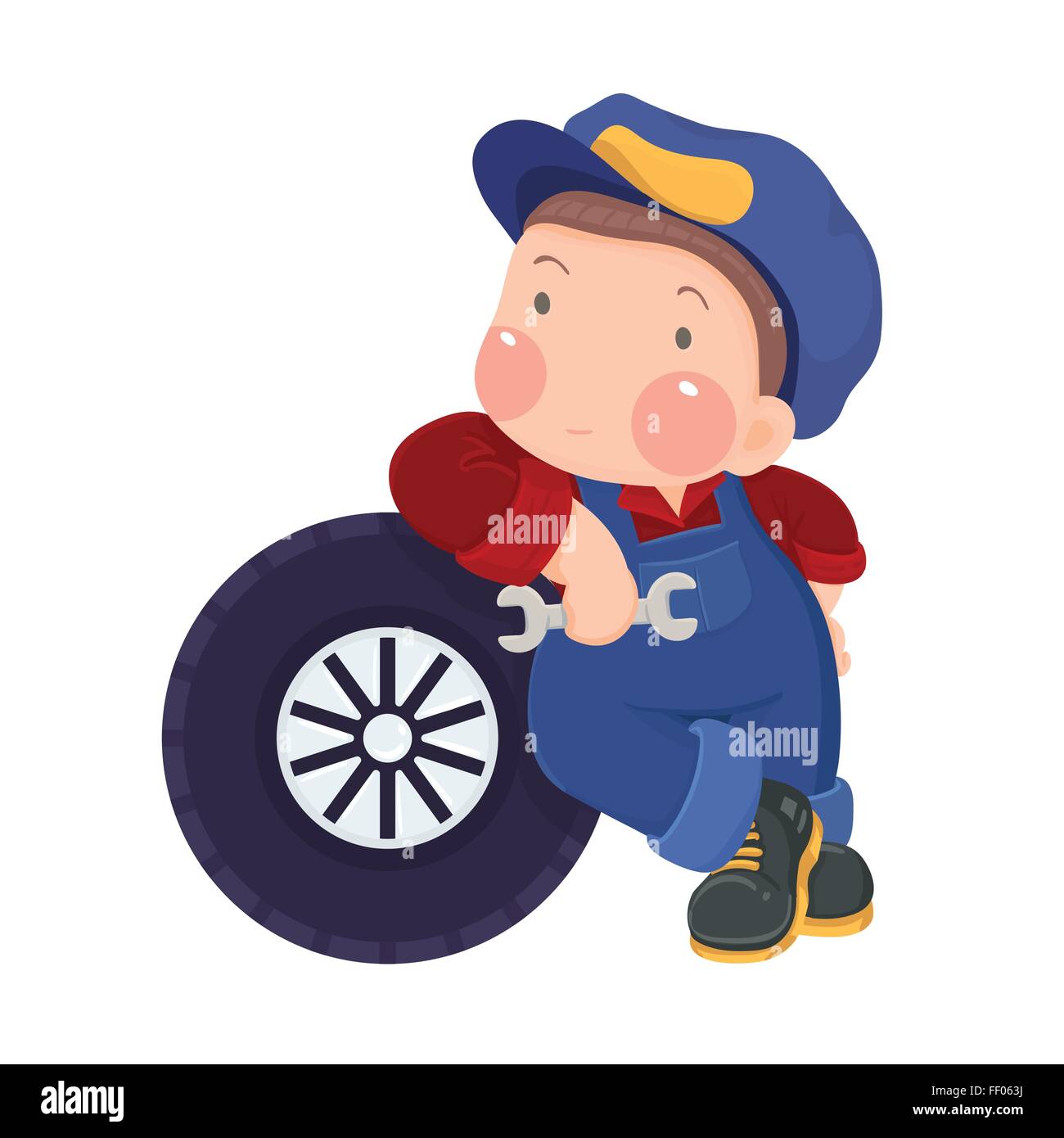Vector Illustration of Auto Mechanic with Wheel isolated on white background Stock Vector