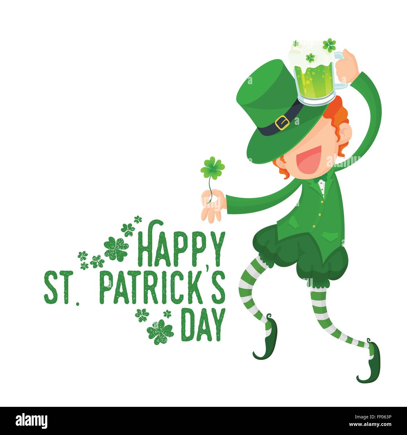 Vector Illustration of Happy Leprechaun Holding Four-Leaf Clover and Green Beer for St. Patrick's Day Card Stock Vector