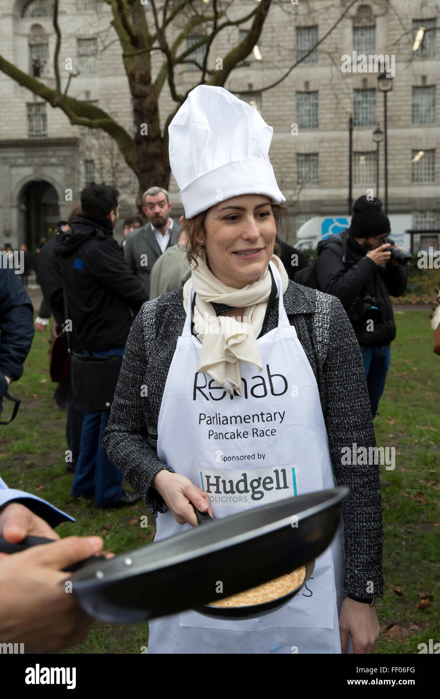 Westminster,UK,9th February 2016,Victoria Atkins poses with a frying pan at the Rehab Parliamentary Pancake Race 201 Credit: Keith Larby/Alamy Live News Stock Photo