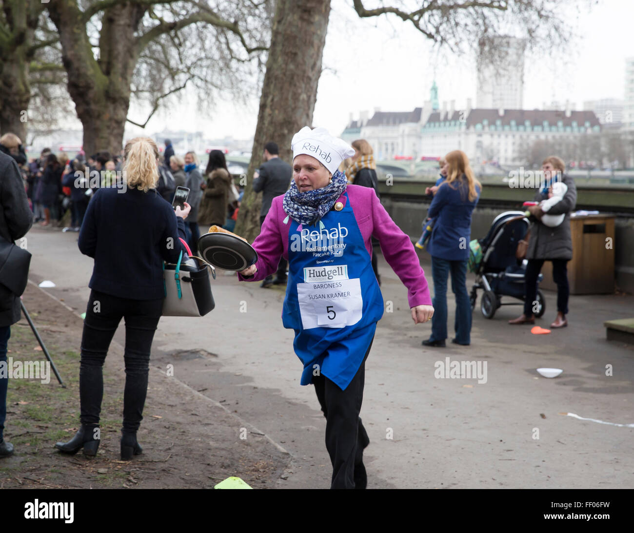 Westminster,UK,9th February 2016,Baroness Susan Kramer, runs at the Rehab Parliamentary Pancake Race 201 Credit: Keith Larby/Alamy Live News Stock Photo