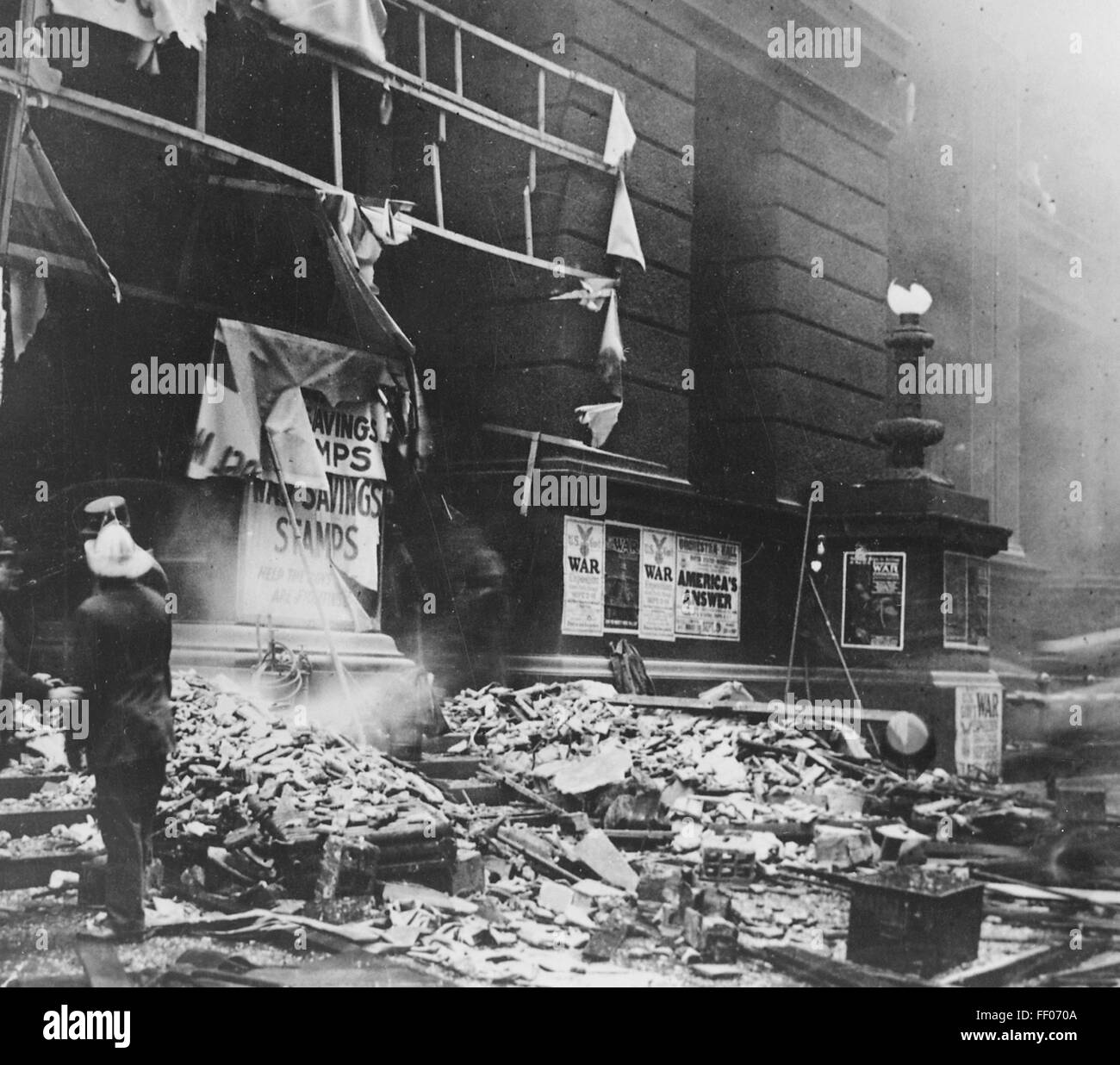 BILL HAYWOOD ( 1869-1928) US labor leader. Damage to the Chicago Federal Building's Adam Street entrance on 4 September 1918  after a bomb  allegedly planted by the IWW (industrial Workers of the World). Four people were killed 75 injured. Stock Photo