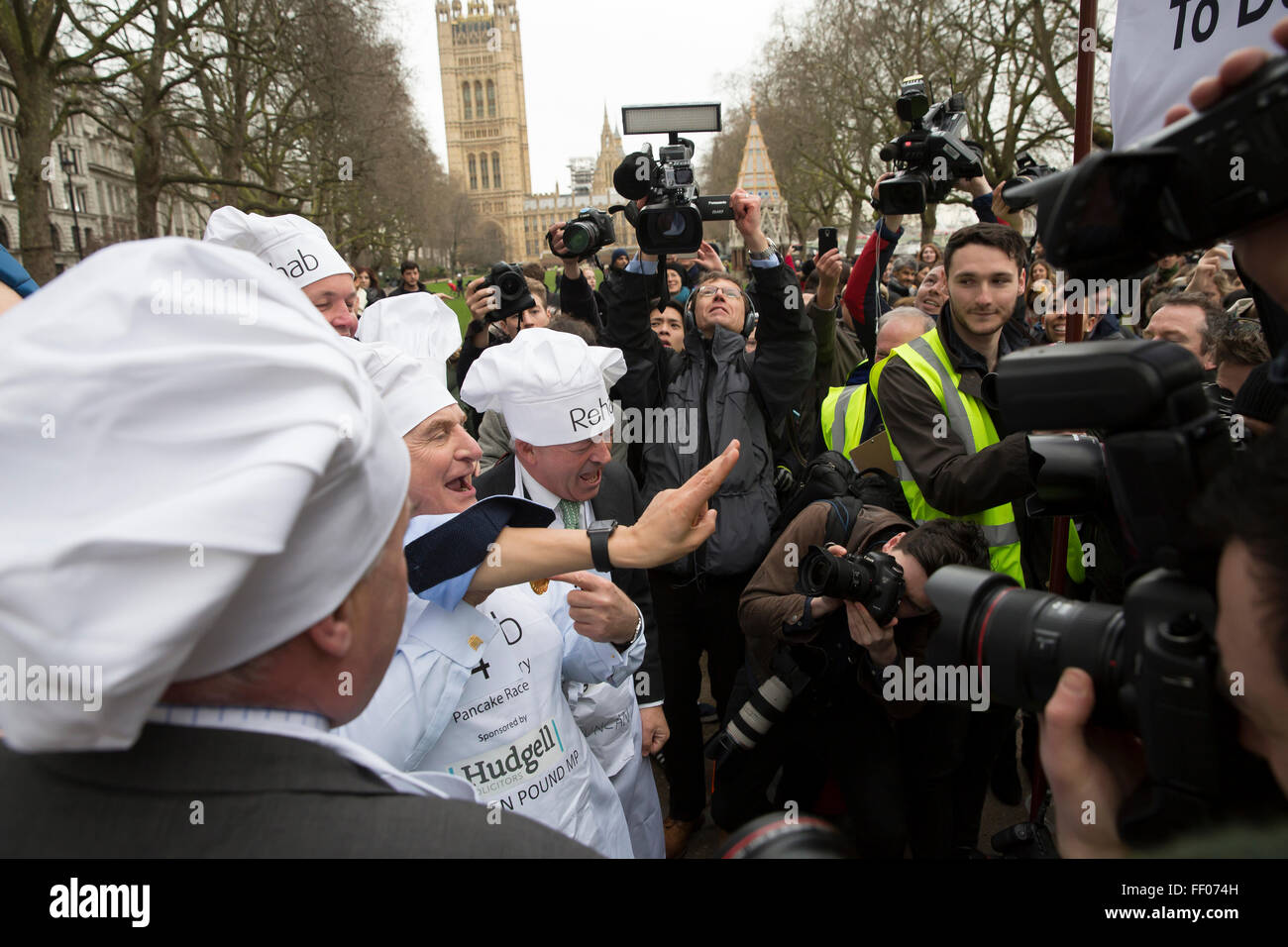 Westminster,UK, 9th February 2016, Media interest at the Rehab annual pancake race 201 Credit: Keith Larby/Alamy Live News Stock Photo