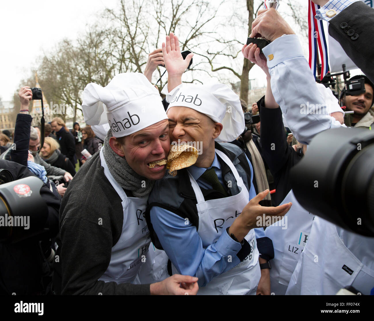 Westminster,UK, 9th February 2016, Media interest at the Rehab annual pancake race 201 Credit: Keith Larby/Alamy Live News Stock Photo