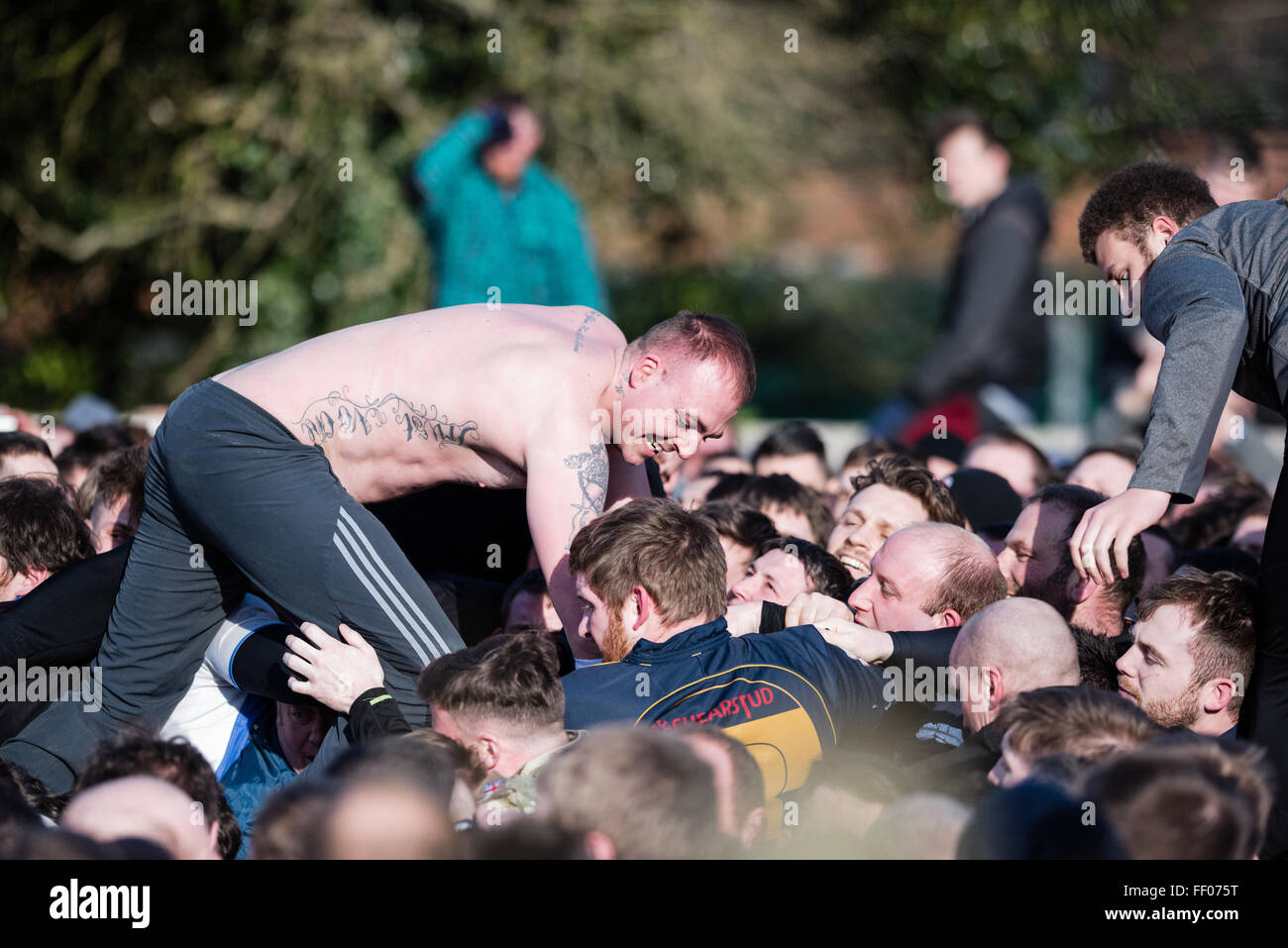 Ashbourne, Derbyshire, UK. 9th February, 2016.Thousands fill the streets of Ashbourne for the annual 2 day royal shrovetide football match. Credit:  Ian Francis/Alamy Live News Stock Photo