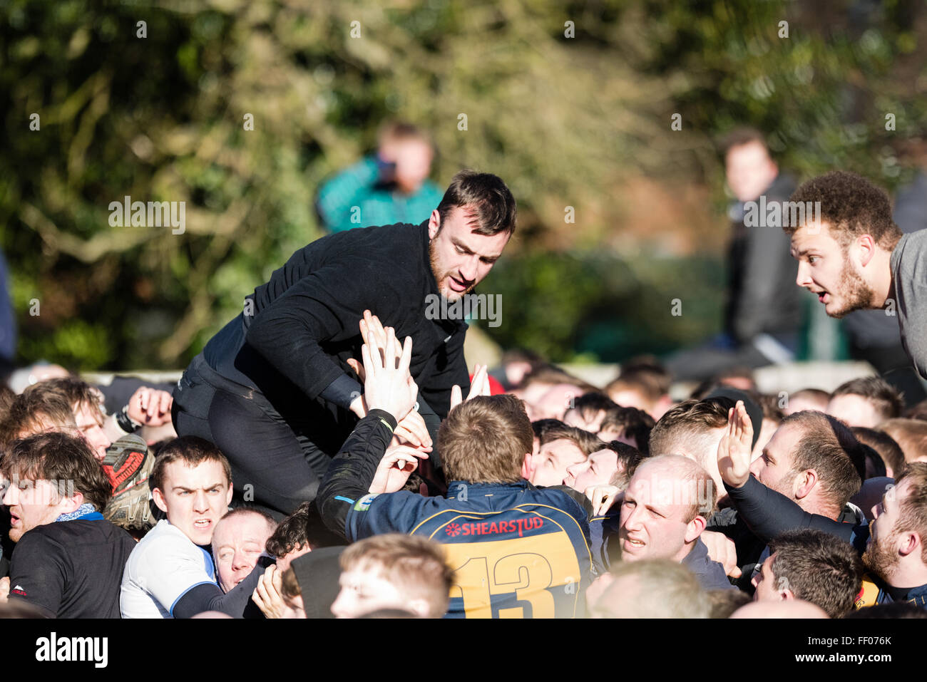 Ashbourne, Derbyshire, UK. 9th February, 2016.Thousands fill the streets of Ashbourne for the annual 2 day royal shrovetide football match. Credit:  Ian Francis/Alamy Live News Stock Photo