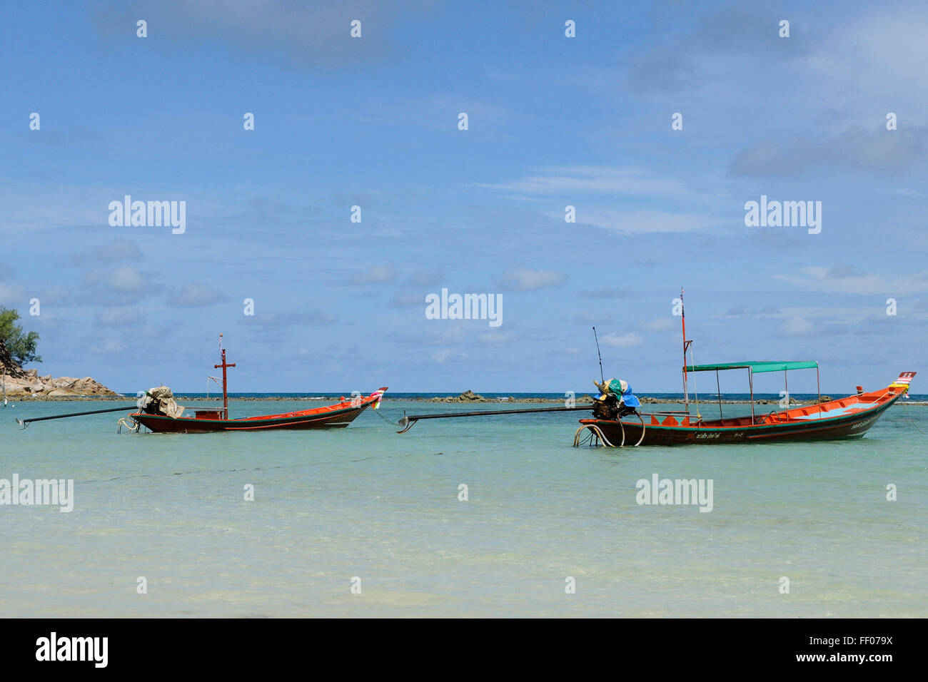 Long Tail boats in Had Salad Koh Phangan Stock Photo