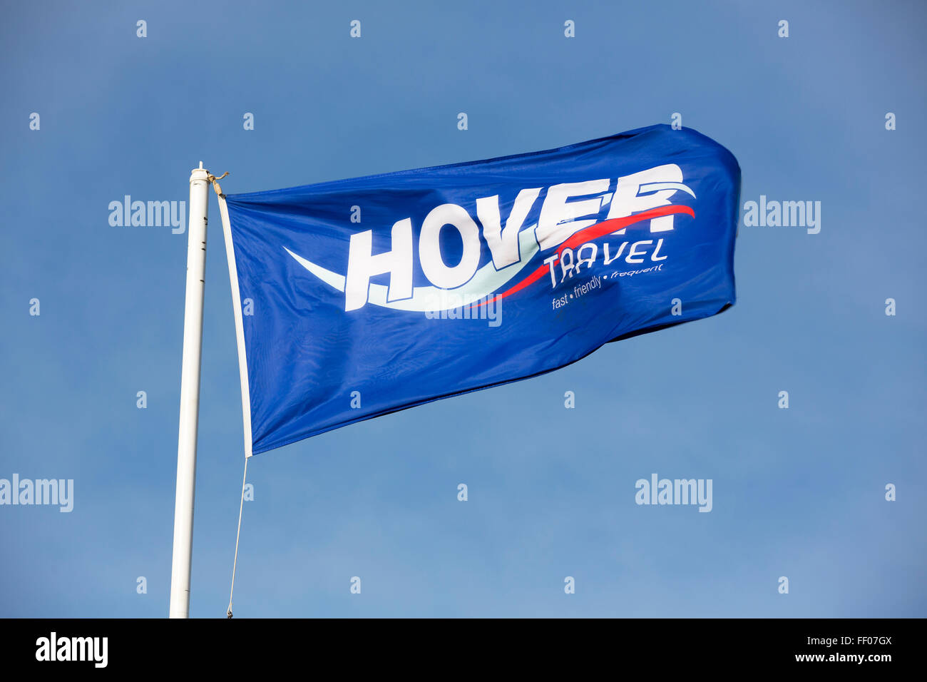 Blue Hovertravel flag indicating a gale force wing at the hovercraft station in Southsea Hampshire. Stock Photo