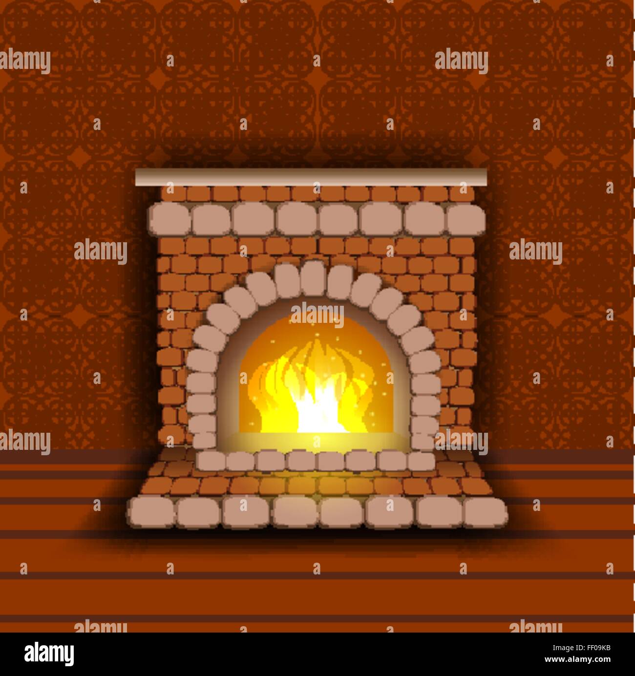 Stone Fireplace With Fire Warm Shades Of Red Stock Vector Art