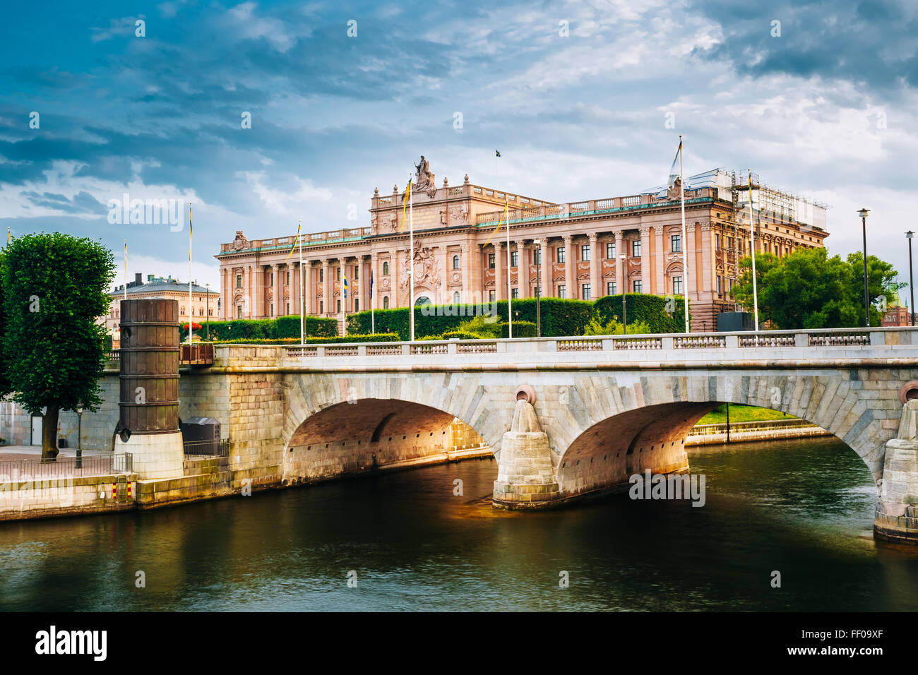 Riksdag Parliament Building and Norrbro Bridge In Stockholm, Sweden. Stock Photo