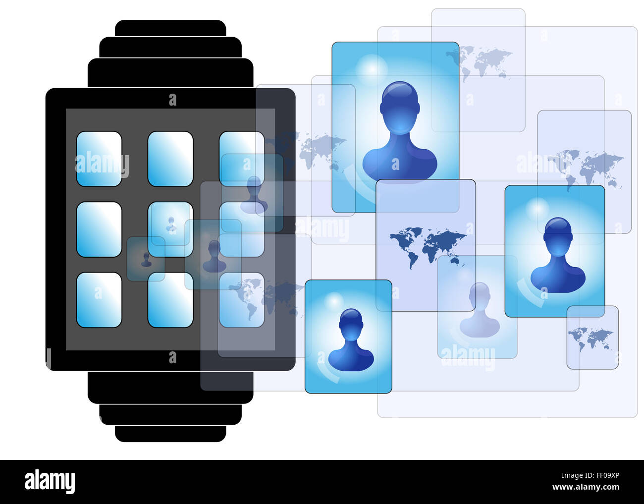 Illustration of smartwatch with social media persons Stock Photo