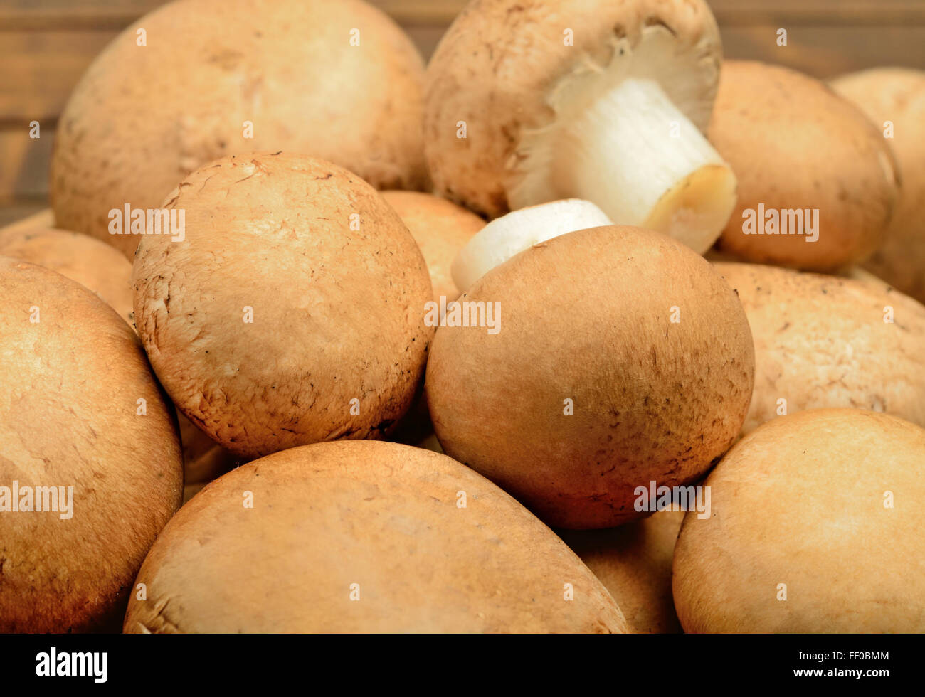 Group of champignon on wooden table Stock Photo