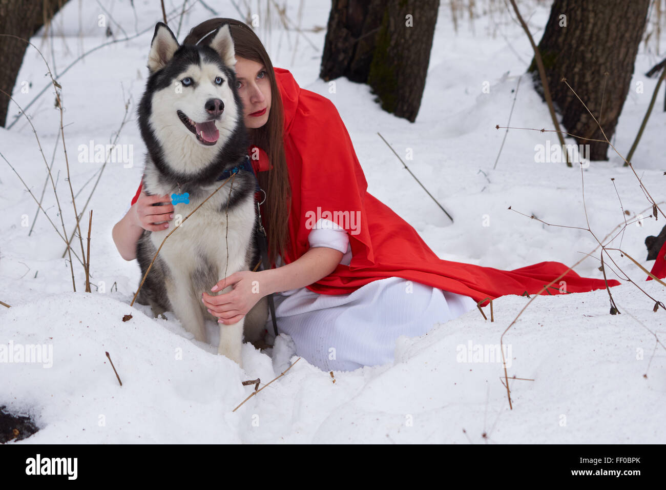 Girl in red cape with Siberian Husky Stock Photo