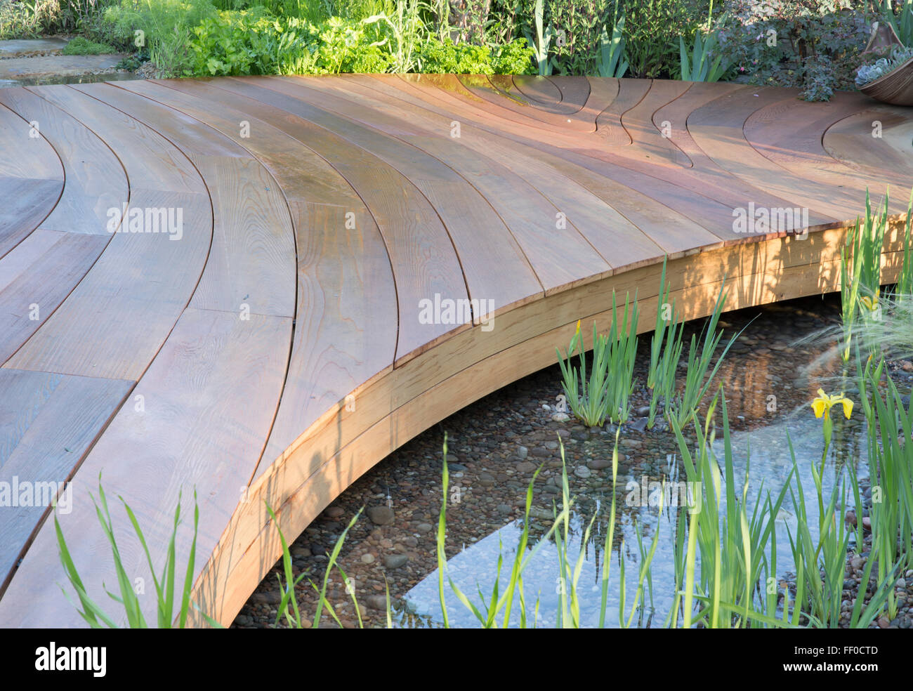 small garden with detail of curved wooden wood deck decking over a small pond pool water feature in an urban garden London UK England GB Stock Photo