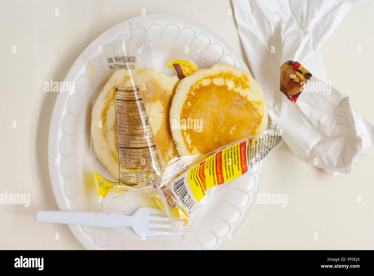 Prepackaged processed hotel breakfast food of little nutritional value