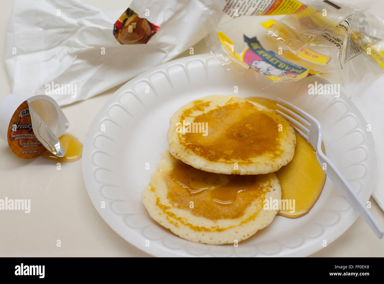 Prepackaged processed hotel breakfast food of little nutritional value