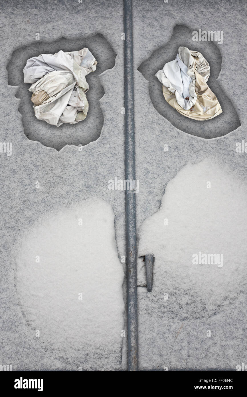 Snow And Vinyl Covers On Cellar Bulkhead Door Stock Photo