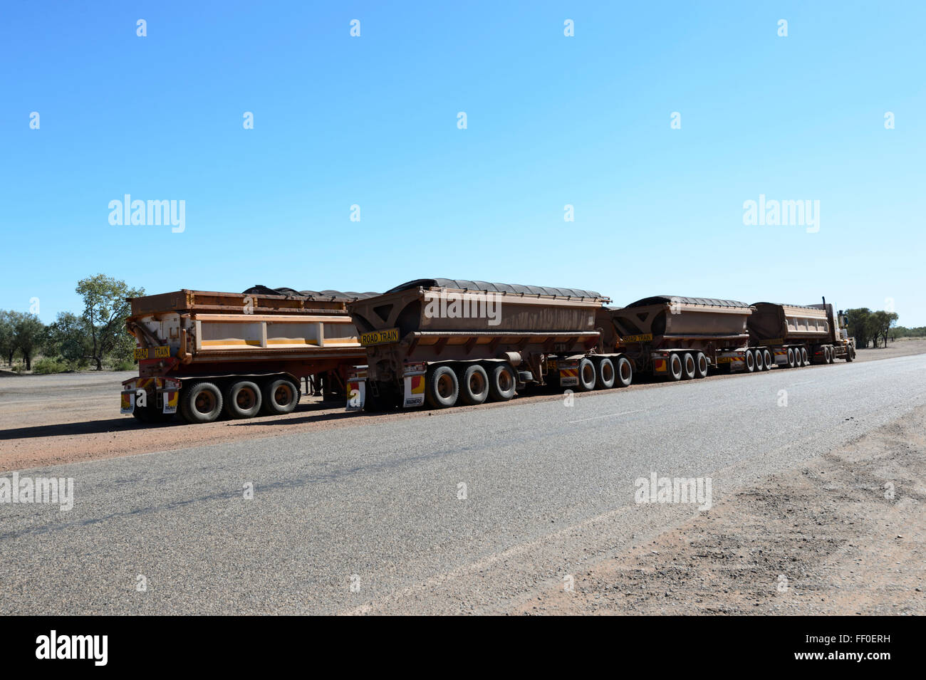 Roadtrain or Mining Truck parked on the roadside, Queensland, QLD, Australia Stock Photo
